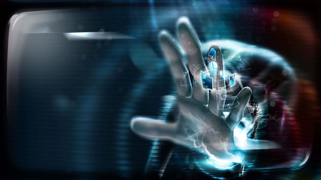 Glowing cybernetic hand interacting with holographic data interface futuristic high-tech wallpaper