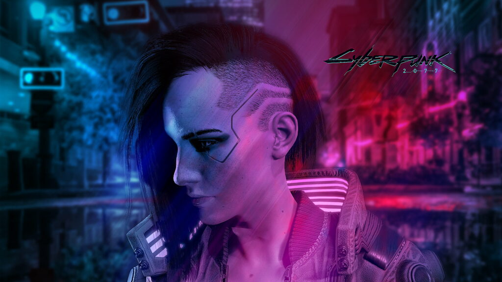 Vibrant Cyberpunk 2077 Protagonist Embraced by Neon Cityscape Wallpaper