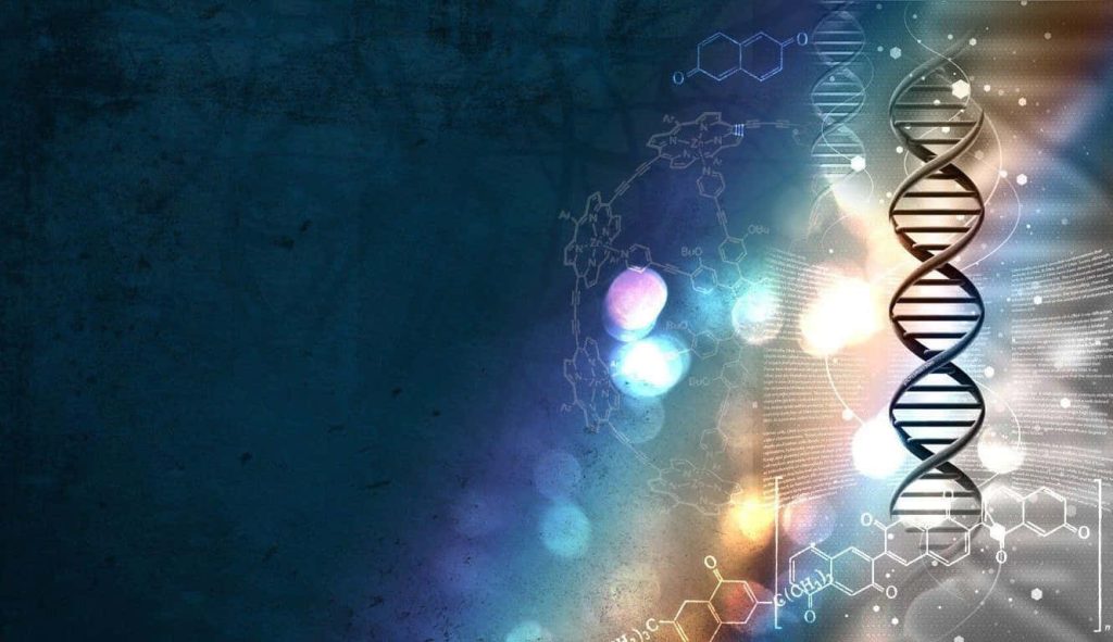 Glowing DNA double helix with chemical formulas on deep blue textured background wallpaper