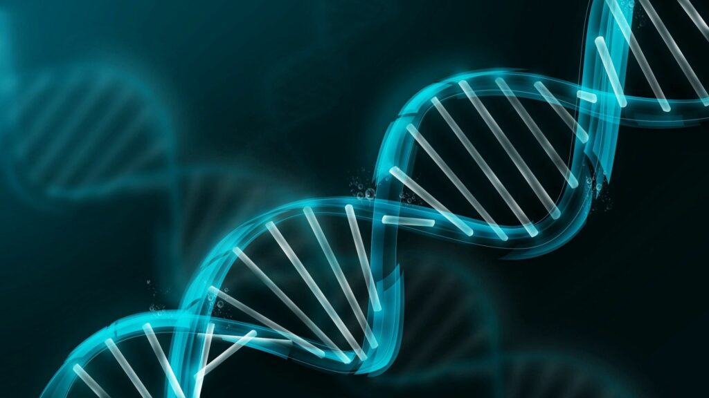 Glowing DNA Spiral Wallpaper - High-Res 2560x1440 Science Art