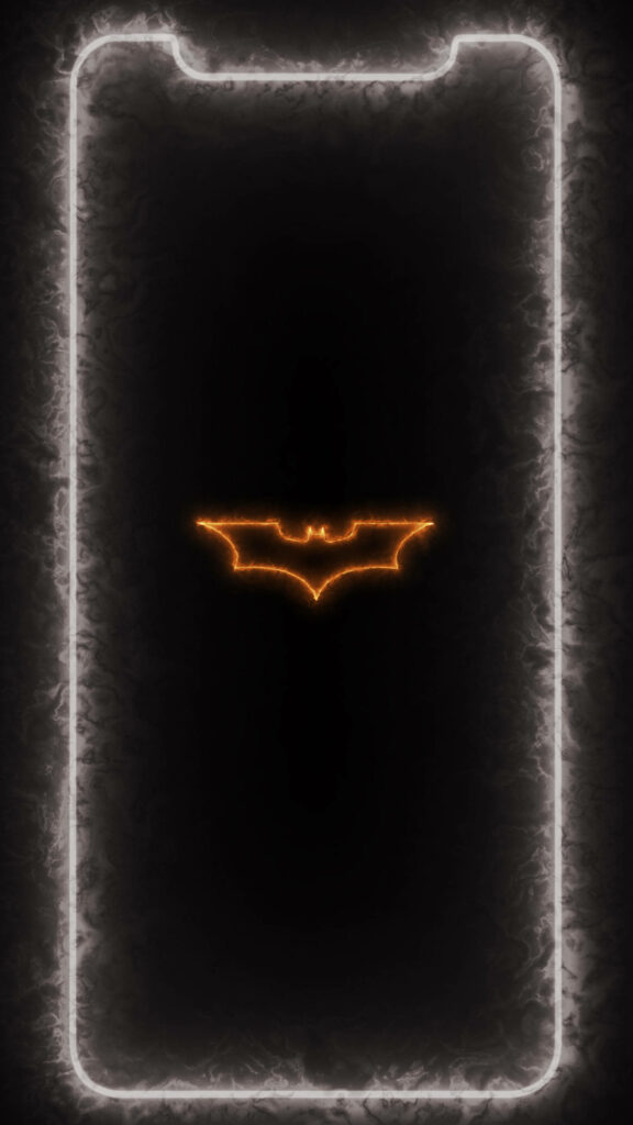 The Dark Knight's Neon Glow: Vibrant Batman Logo in Golden Outlines Surrounded by a Luminous White Border - Captivating Neon Aesthetic iPhone Background Wallpaper