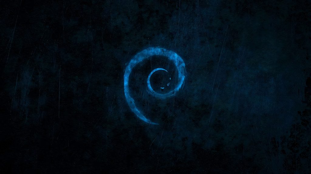 Glowing Debian swirl logo on dark textured blue background minimalist Linux wallpaper design