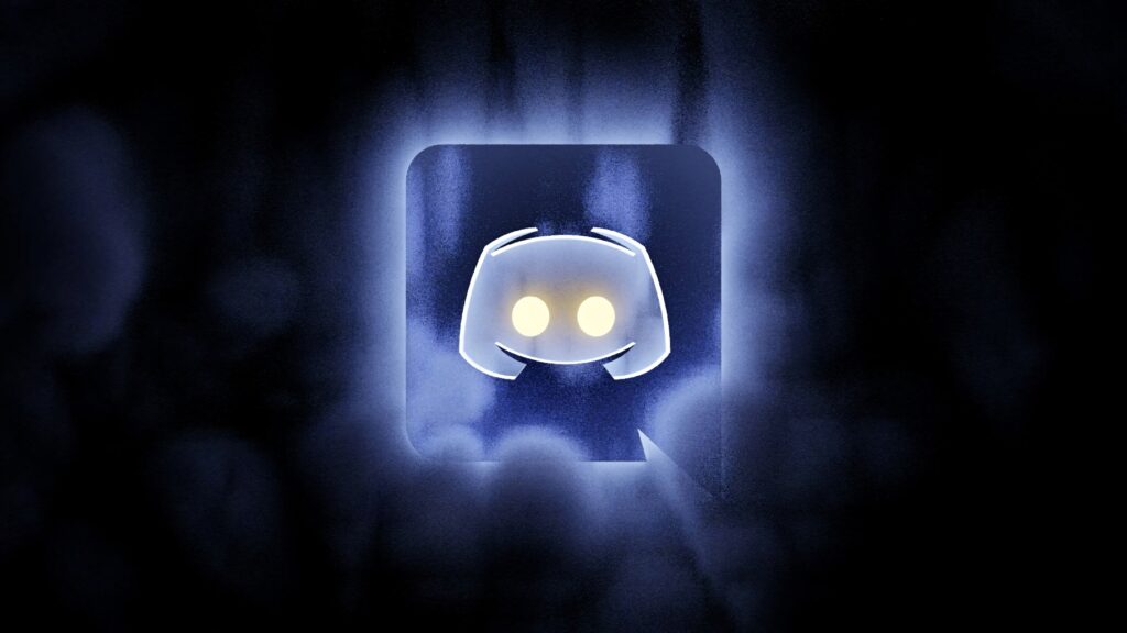Discord Clyde logo glowing with blue ethereal light on a dreamy misty digital gradient wallpaper