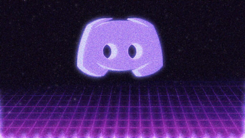 Glowing Discord logo above neon grid floor with purple pink cyberpunk retro VHS texture wallpaper