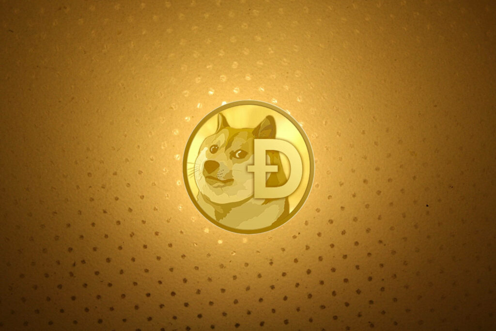 Digital art wallpaper of glowing Dogecoin logo with Shiba Inu on golden textured background