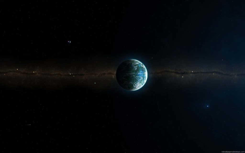 Glowing Earth-like planet in space with blue-green hues and starry galactic background wallpaper