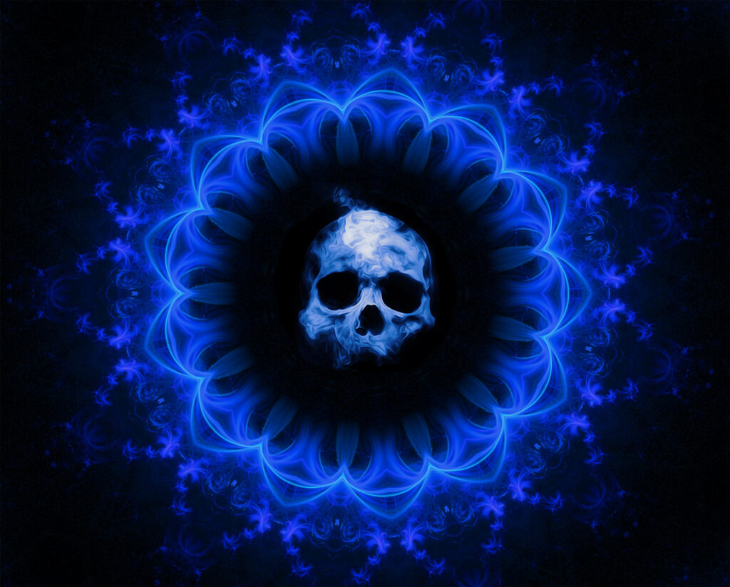 Enigmatic Blue Inferno: Mesmerizing Skull Sculpted from Incandescent Flames amidst Neon Gothic Design Wallpaper