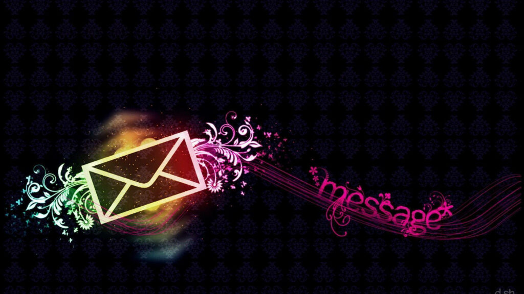 Glowing white email envelope with colorful light trails and floral patterns on dark background Wallpaper