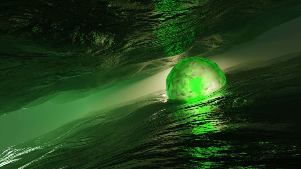 Glowing Emerald Sphere in Dynamic Abstract Green Landscape Wallpaper