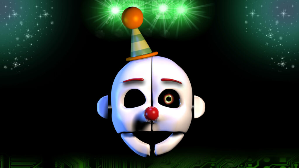 Ennard FNAF mask glowing green with party hat and digital circuits on dark eerie background wallpaper