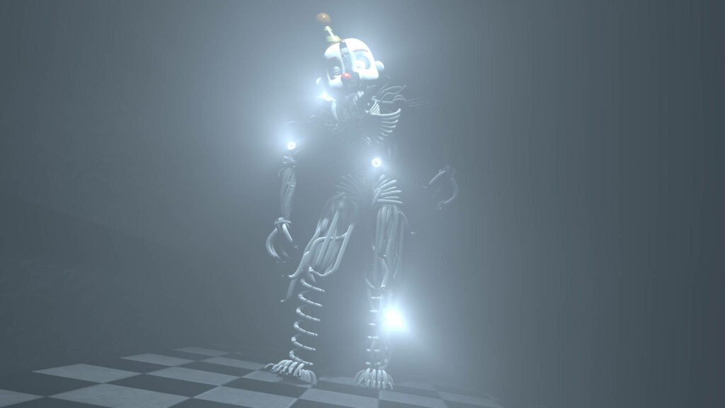 Glowing Ennard robot with metallic skeleton in misty room on checkered floor digital art wallpaper