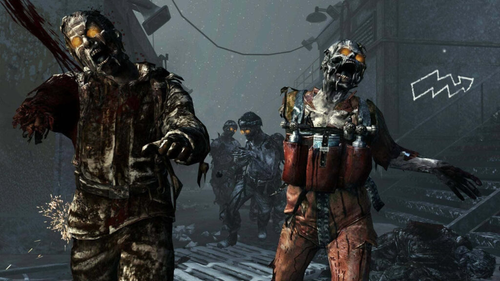 Black Ops II Zombies: Menacing Undead with Cybernetic Enhancements in Chaotic Game Environment Wallpaper