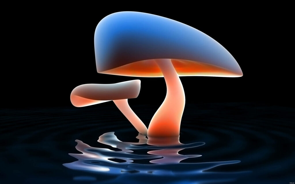 Enchanting Glow: Whimsical 3D Mushrooms Adorning a Watery Wonderland Wallpaper