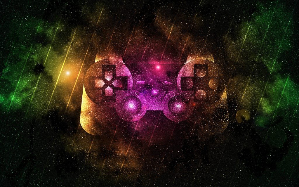 Glowing game controller silhouette on vibrant cosmic nebula with neon colors and particles Wallpaper