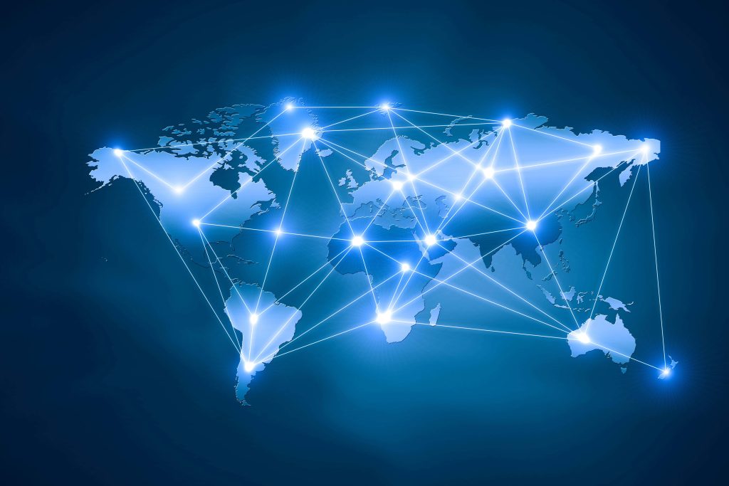 Modern world map wallpaper glowing global network deep blue digital connectivity background