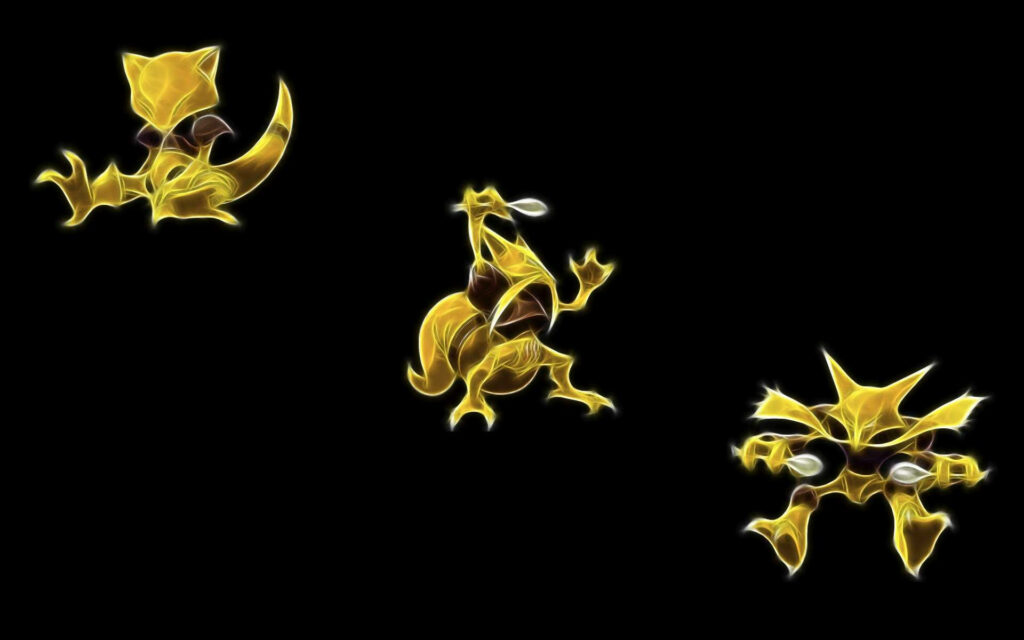 Glowing golden outlines of Abra Kadabra and Alakazam evolution line on black psychic wallpaper