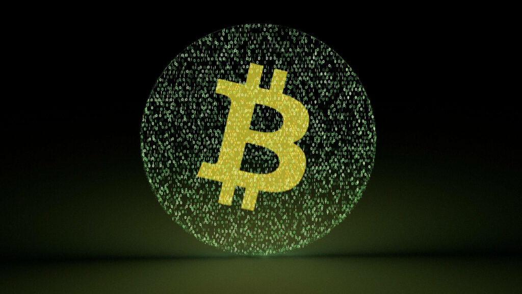 Glowing golden Bitcoin symbol with streaming green digital code futuristic cryptocurrency wallpaper
