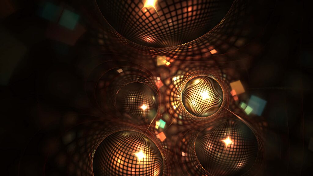Abstract wallpaper with glowing golden disco balls and dynamic grid patterns on dark background