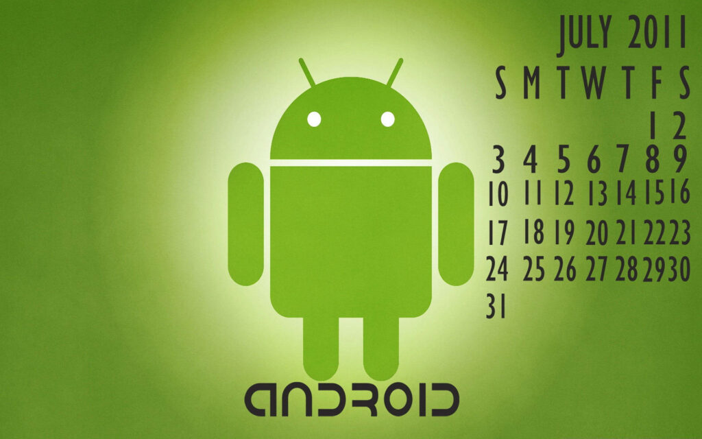 Vibrant Android Logo Illuminating a Lush Green Calendar - Captivating Android Desktop Wallpaper