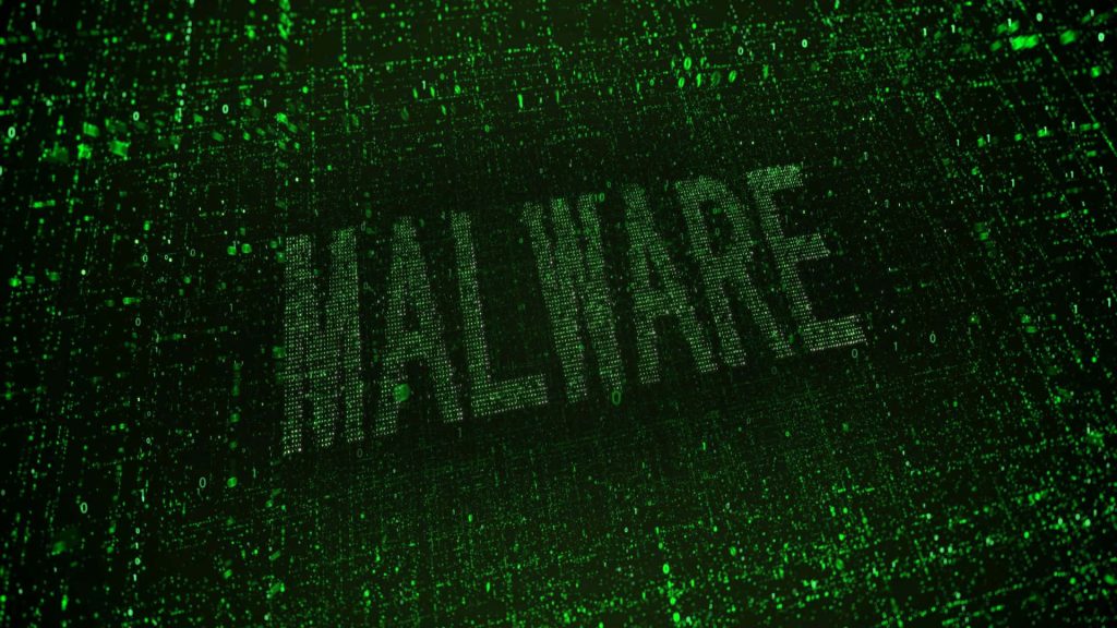 Malware word in glowing green binary code on dark digital background cybersecurity wallpaper