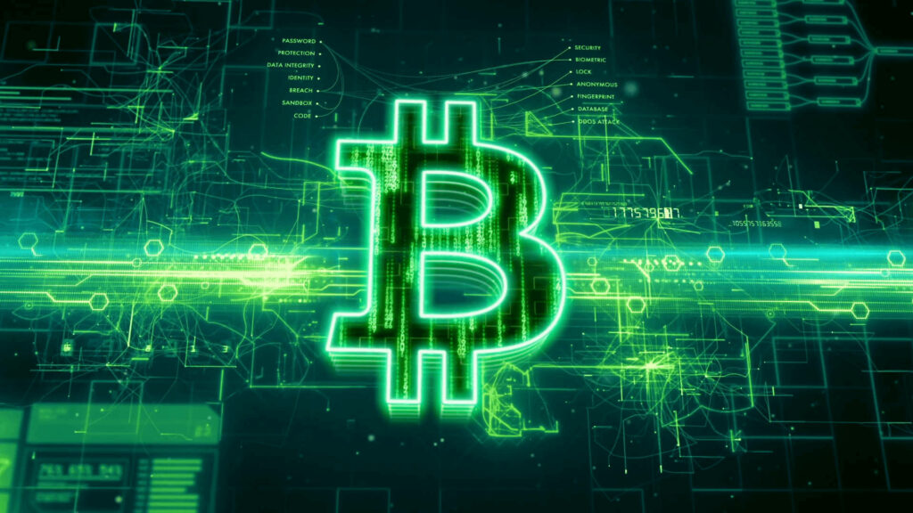 Glowing green Bitcoin symbol on futuristic tech background digital wallpaper for cryptocurrency fans