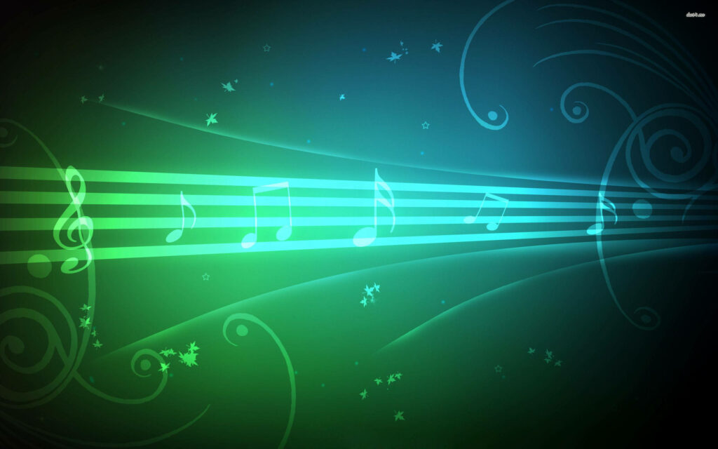 Elegant Abstract Wallpaper: Glowing Green & Blue with Musical Notes