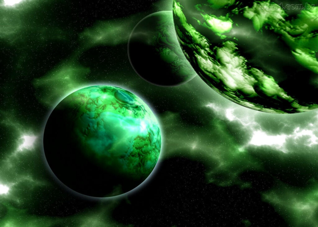 Captivating Green Cosmic Wallpaper with Vibrant Planets & Nebulae
