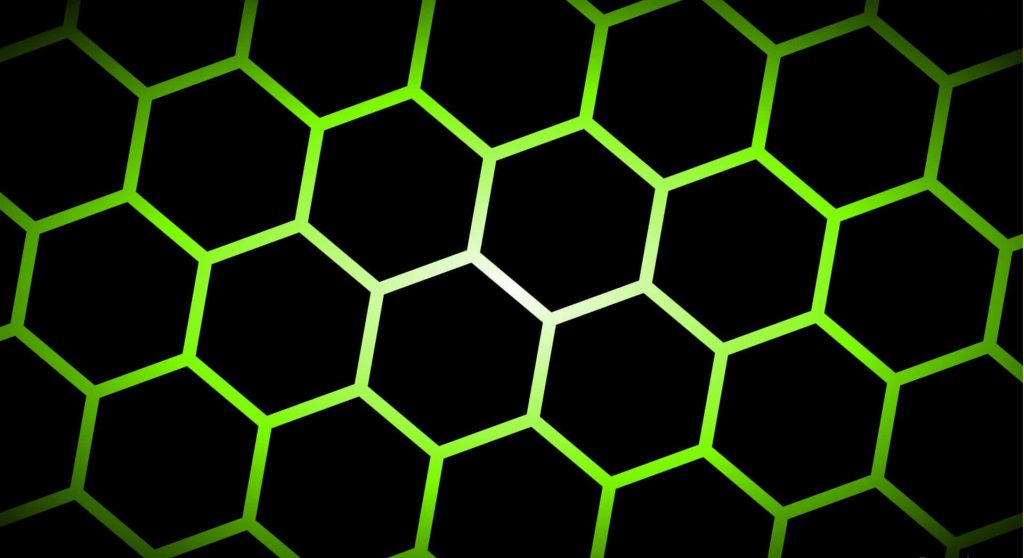 Glowing green and black hexagon honeycomb digital art wallpaper with neon tech aesthetic background