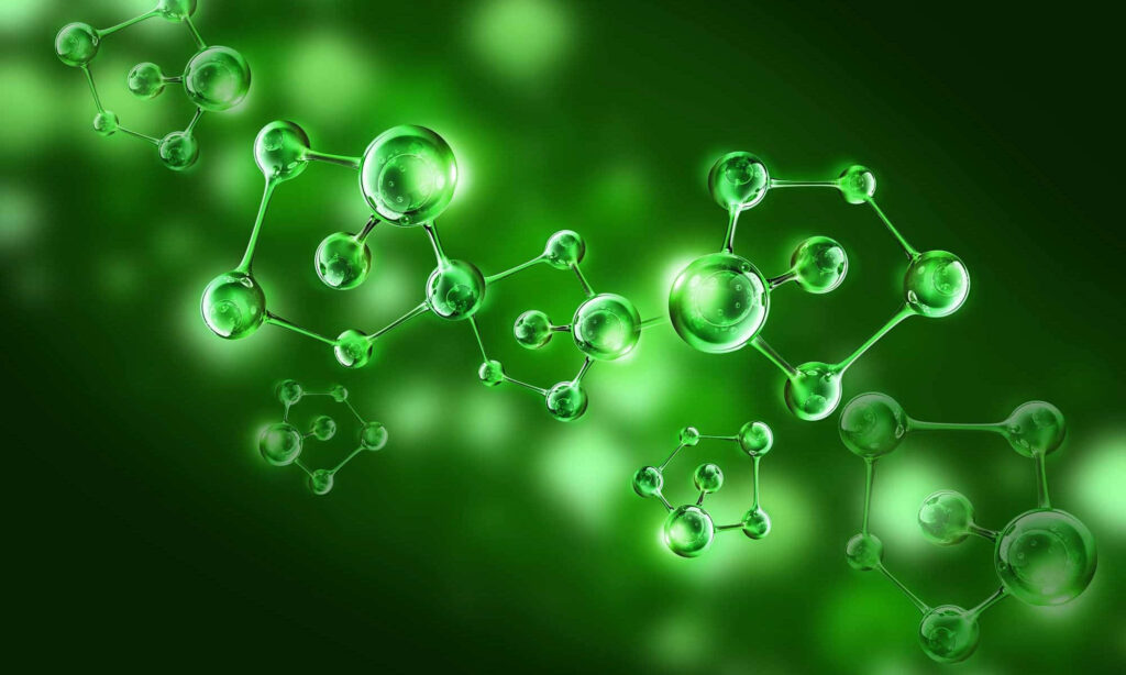 Glowing green molecular structures and atoms on soft green gradient chemistry wallpaper background