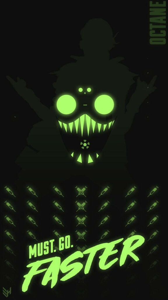 Glowing green Octane Apex Legends phone wallpaper with Must Go Faster text and bold graphics