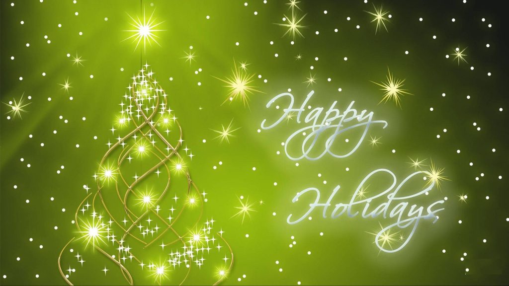Glowing green wireframe Christmas tree with sparkling stars and Happy Holidays script wallpaper