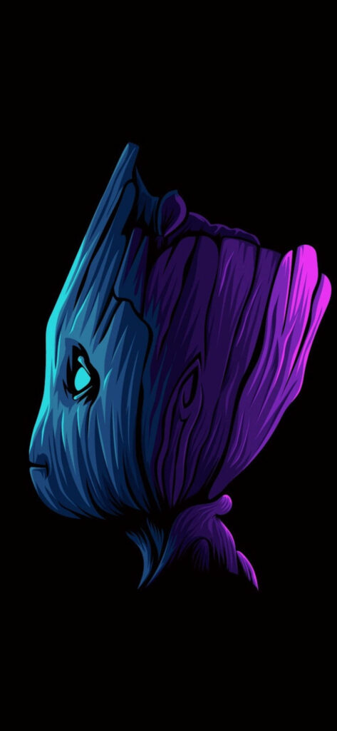Enchanting Glimpse: Groot Surrounded by a Neon Purple and Blue Gradient on a Mesmerizing Black AMOLED Canvas Wallpaper
