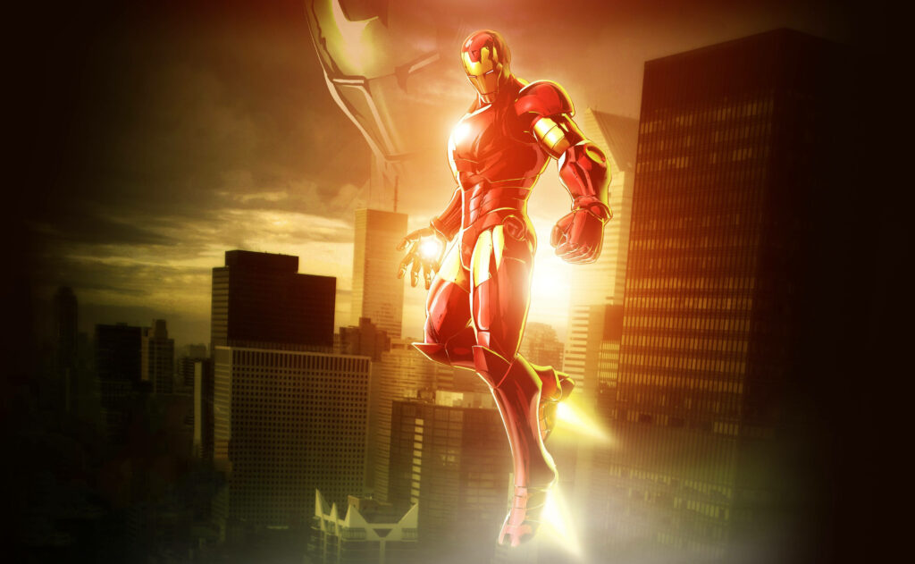 City Guardian: Captivating 4k Artwork Showcasing Iron Man's Majestic Glow as he Soars Above Urban Skyscrapers Wallpaper