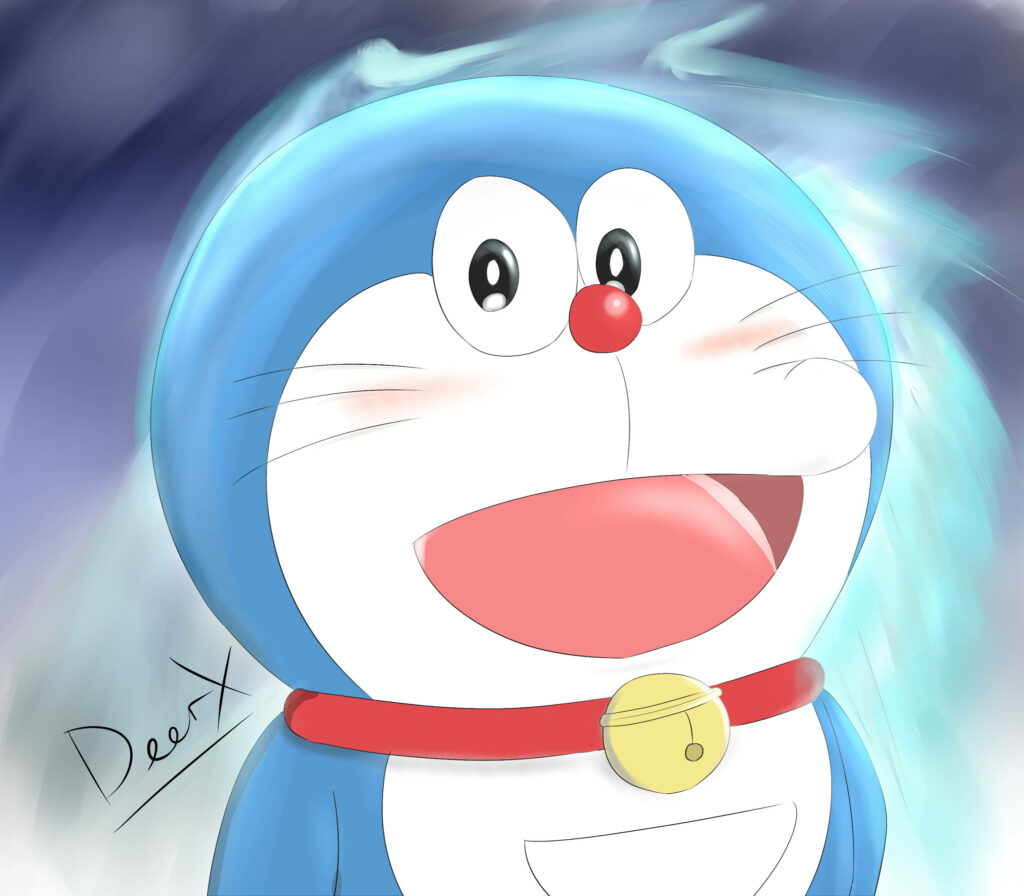 Glowing Smiles: Delightful Doraemon Radiates Turquoise Happiness on Brushstroke Gray Wallpaper