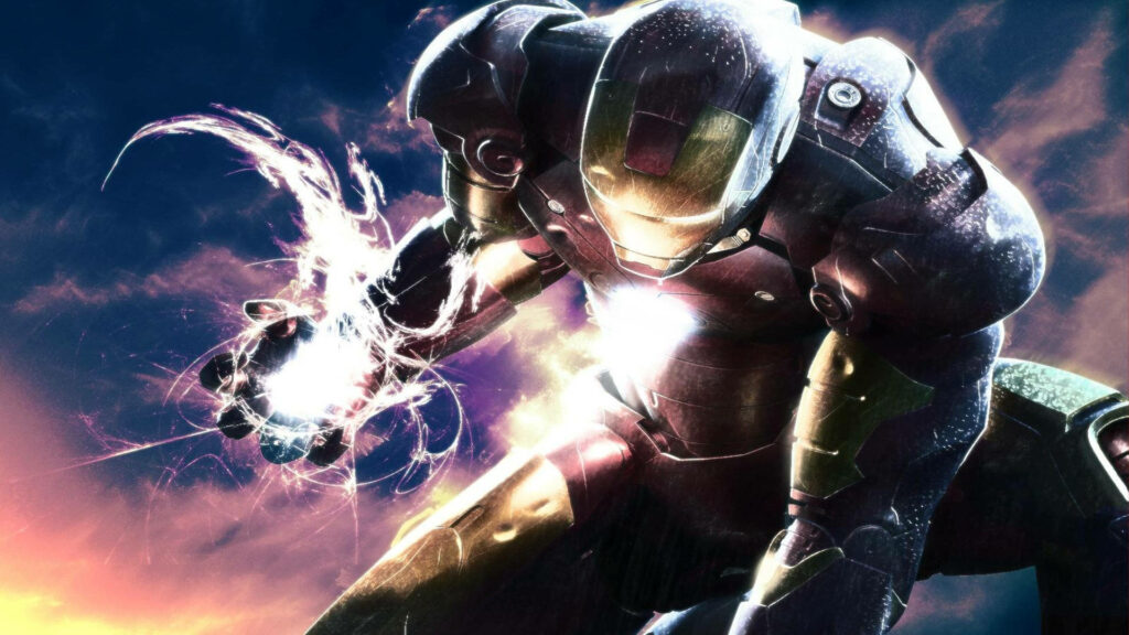 Sunset Glow: Iron Man's Powerful Stance Illuminated in HD Wallpaper