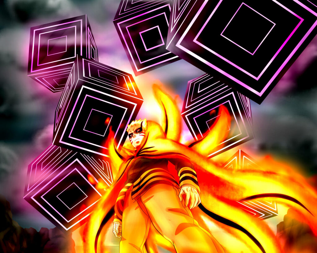 Radiant Naruto Ascends Amidst Shadowy Cubes in Baryon Mode Background Wallpaper