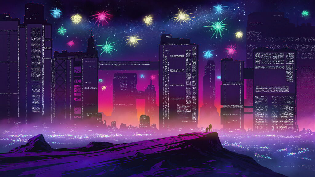 Explosive Light Show: A Stunning 4K Wallpaper of Futuristic City Fireworks
