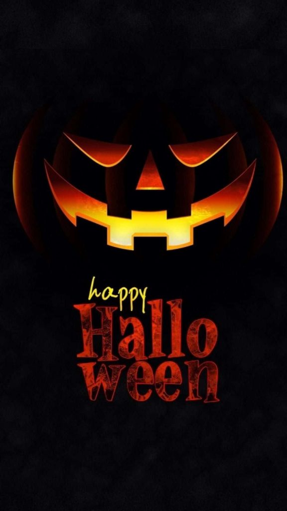 Glowing Jack-o'-lantern with Happy Halloween text on dark minimalist Halloween wallpaper background