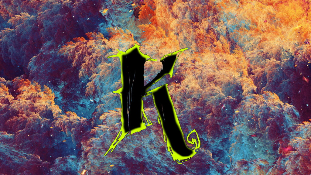 Kaleidoscopic Calligraphy: Enchanting K-shaped letter with abstract frosted trees on a Green and Black Wallpaper