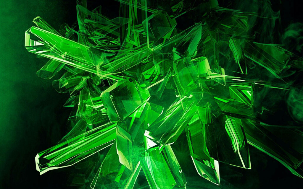 Glowing green kryptonite crystal shards with sharp edges on smoky ethereal digital wallpaper background
