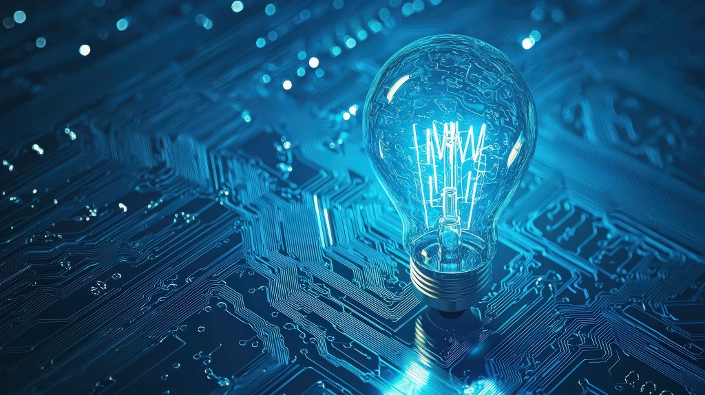 Glowing lightbulb on neon blue circuit board digital art wallpaper futuristic tech background