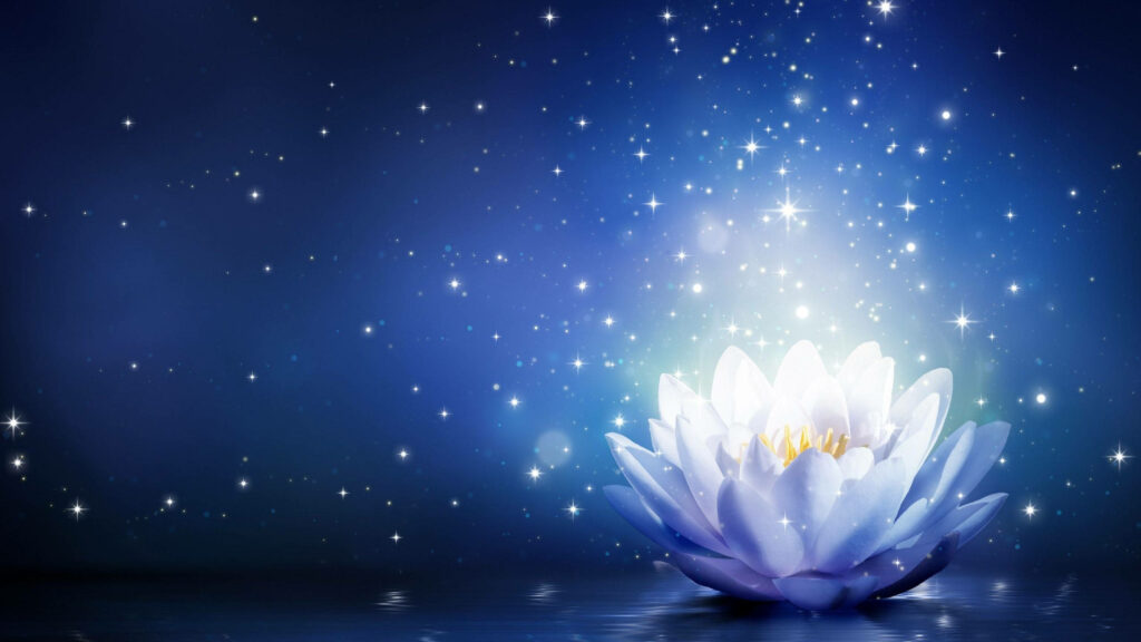 Glowing Lotus Flower Wallpaper: Serene Blue Starry Background Art
