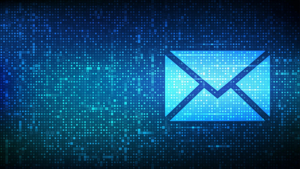 Glowing mail icon on blue pixelated digital background symbolizing modern tech communication Wallpaper