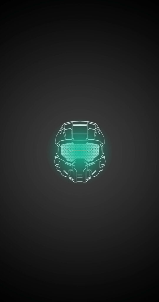 Glowing Neon Master Chief Helmet Wallpaper on Dark Gradient Background