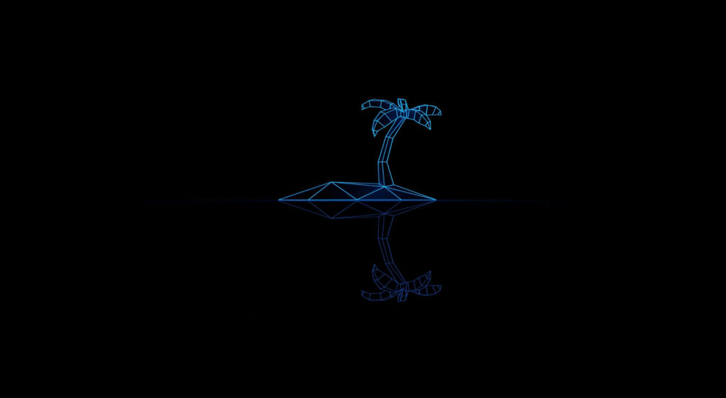 Glowing blue wireframe palm tree on low-poly island with symmetrical reflection on black background Wallpaper