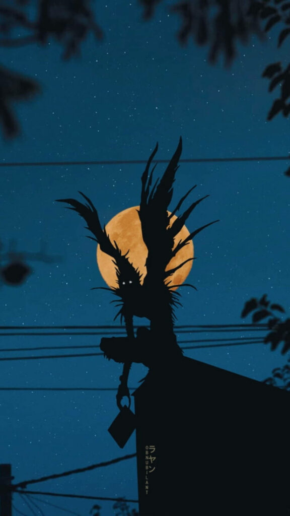 Enigmatic Ryuk Perched on Electric Post as Glowing Moonlight Shines - Death Note Mobile Wallpaper