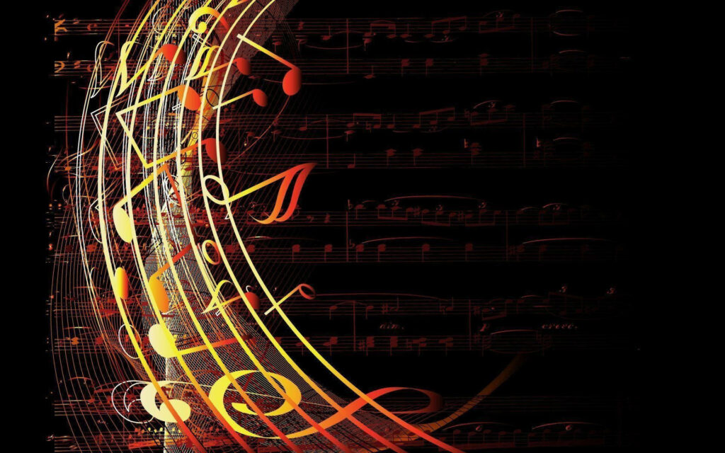 Glowing Musical Notes Wallpaper: Vibrant Design on Dark Background