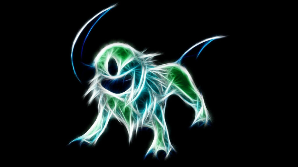 Glowing Absol Pokémon wallpaper with vivid neon lines on dark abstract background digital art
