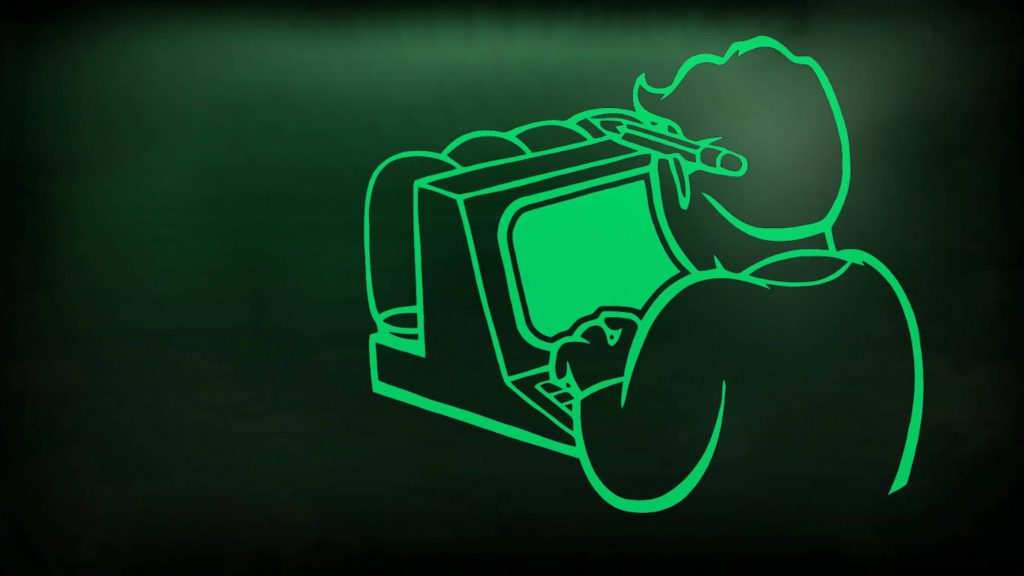 Glowing neon green Fallout 4 Vault Boy typing on retro terminal digital line art wallpaper