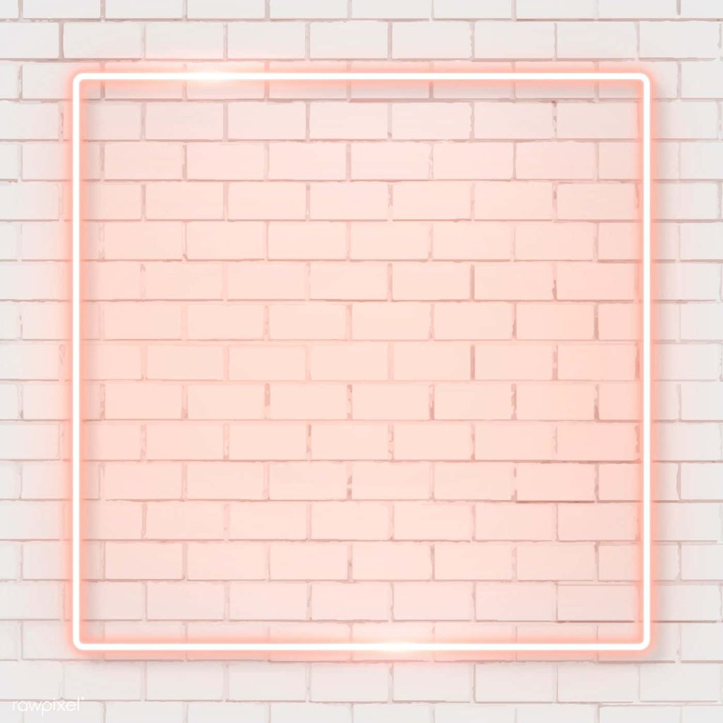 Chic neon square frame glowing on pale pink brick wall minimalist modern wallpaper background